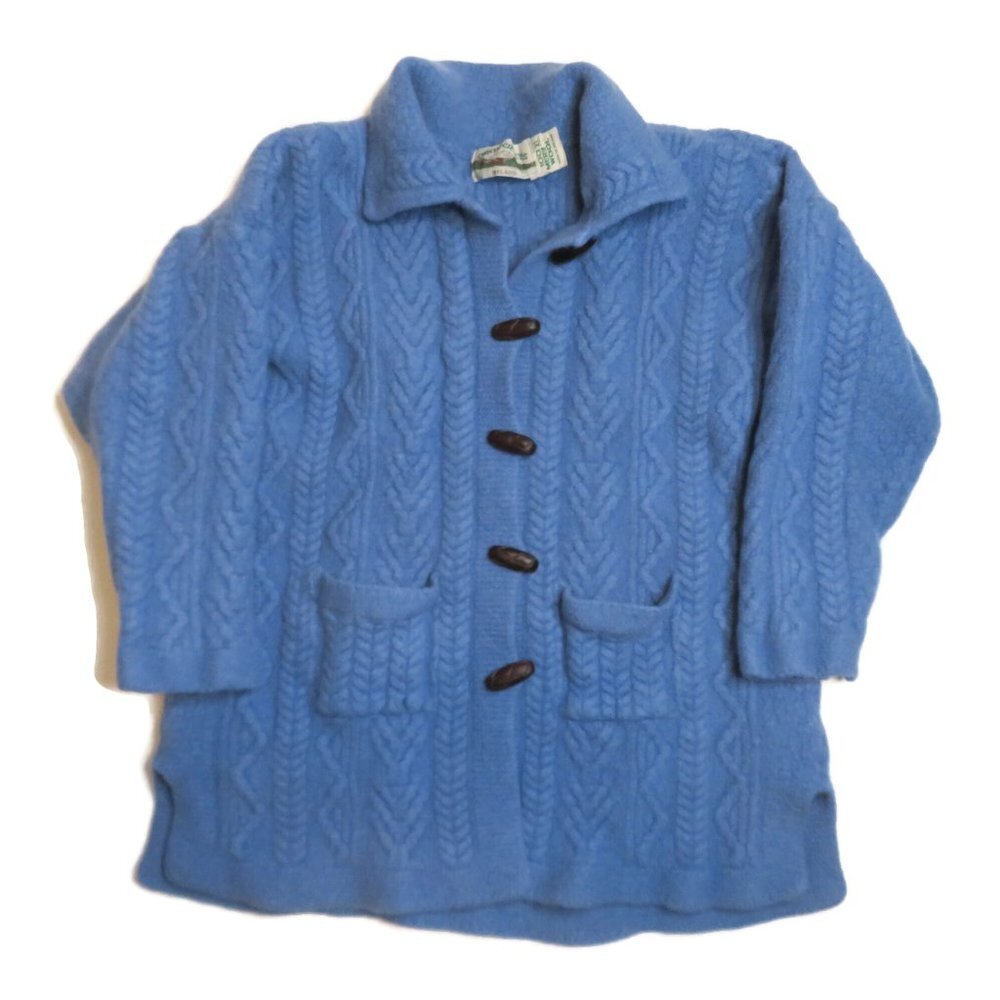 Aran Crafts Ireland Merino Wool Cardigan‎ Toggle Sweater Women XL Blue Fisherman